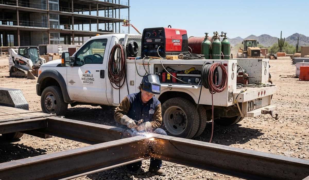 A worker wearing protective gear welds metal beams at a construction site, with a welding truck and equipment in the background.