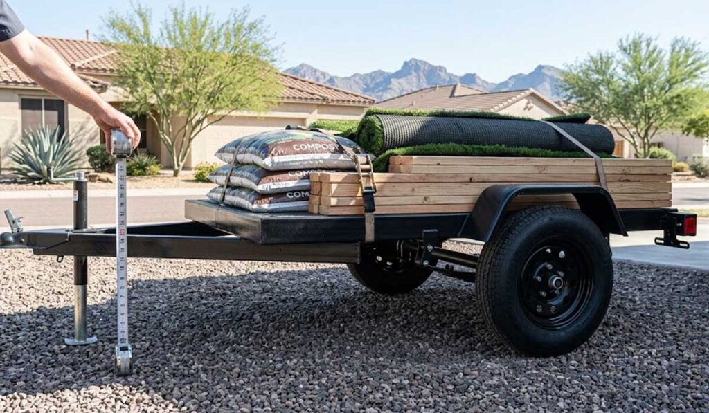 A utility trailer loaded with lumber, bags of compost, and a rolled-up artificial turf, parked on a gravel driveway in a suburban neighborhood.