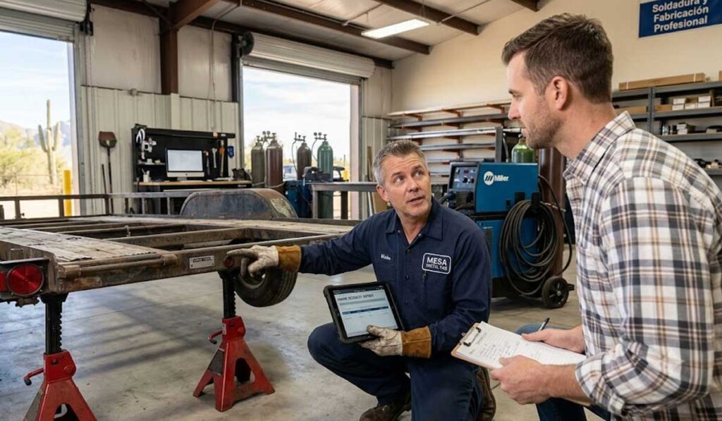 Two men discuss a trailer frame in a workshop; one kneels with a tablet and gloves, while the other stands holding a clipboard.