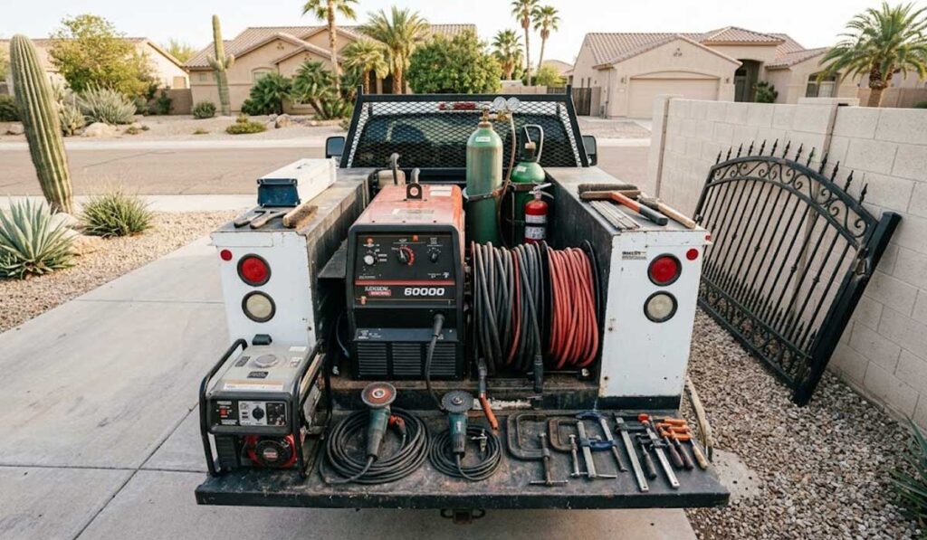 A utility truck bed loaded with welding equipment, including a welder, cables, gas tanks, clamps, and other tools, parked in a residential driveway.