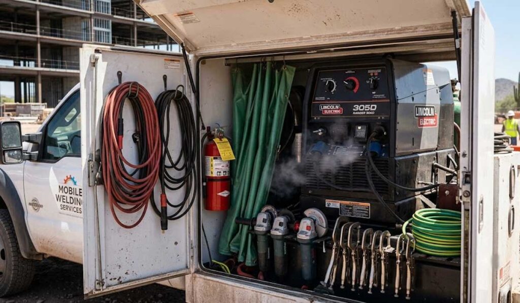 Open utility truck compartment displaying welding equipment, cables, hoses, fire extinguisher, and power tools at a construction site.