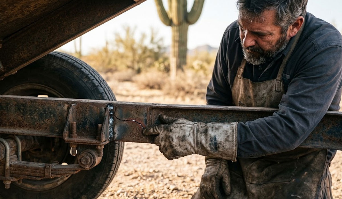 A man wearing work gloves and an apron points to a crack in the metal frame of a trailer in a desert setting.