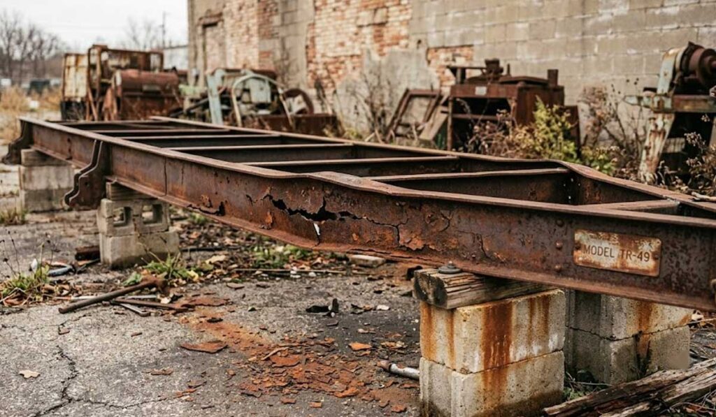 A rusted steel beam elevated on concrete blocks sits in an abandoned industrial area with old machinery and debris in the background.