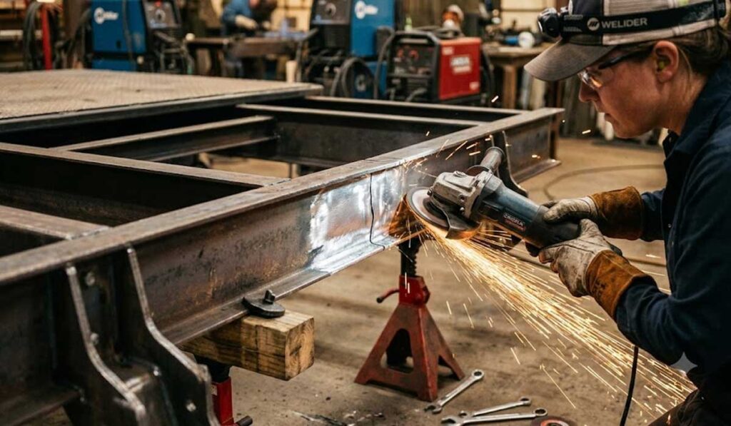A worker uses an angle grinder to smooth a metal beam, creating sparks in a workshop with welding equipment in the background.