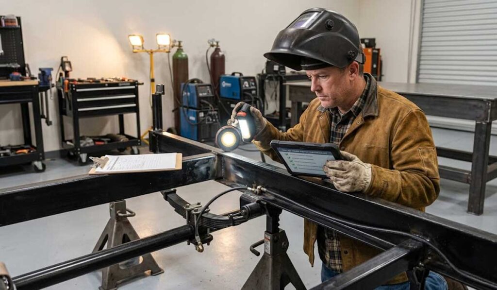 A person wearing safety gear inspects a metal frame in a workshop, holding a flashlight and a tablet, with tools and equipment visible in the background.